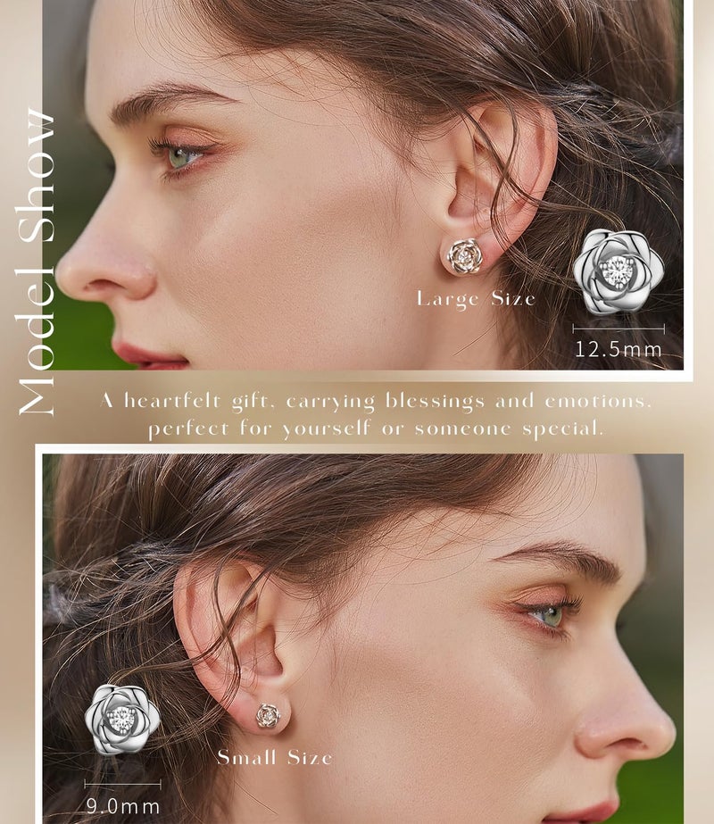 Raneecoco White Gold Plated Sterling Silver Rose Flower Earring Studs, Hypoallergenic & Nickel Free Earrings for Women(9mm) - Image 4